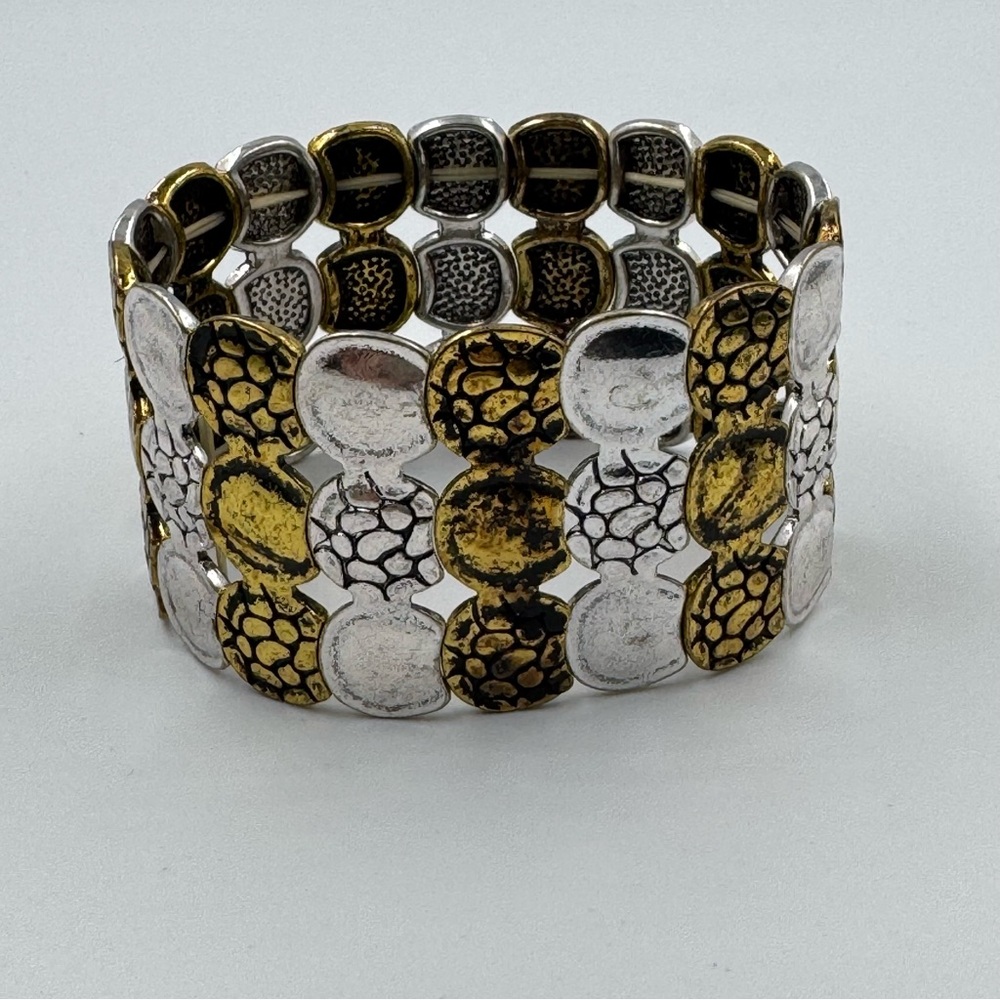Two Tone Coin Stretch Bracelet Silver & Gold Tone Smooth & Textured Coins OSFM